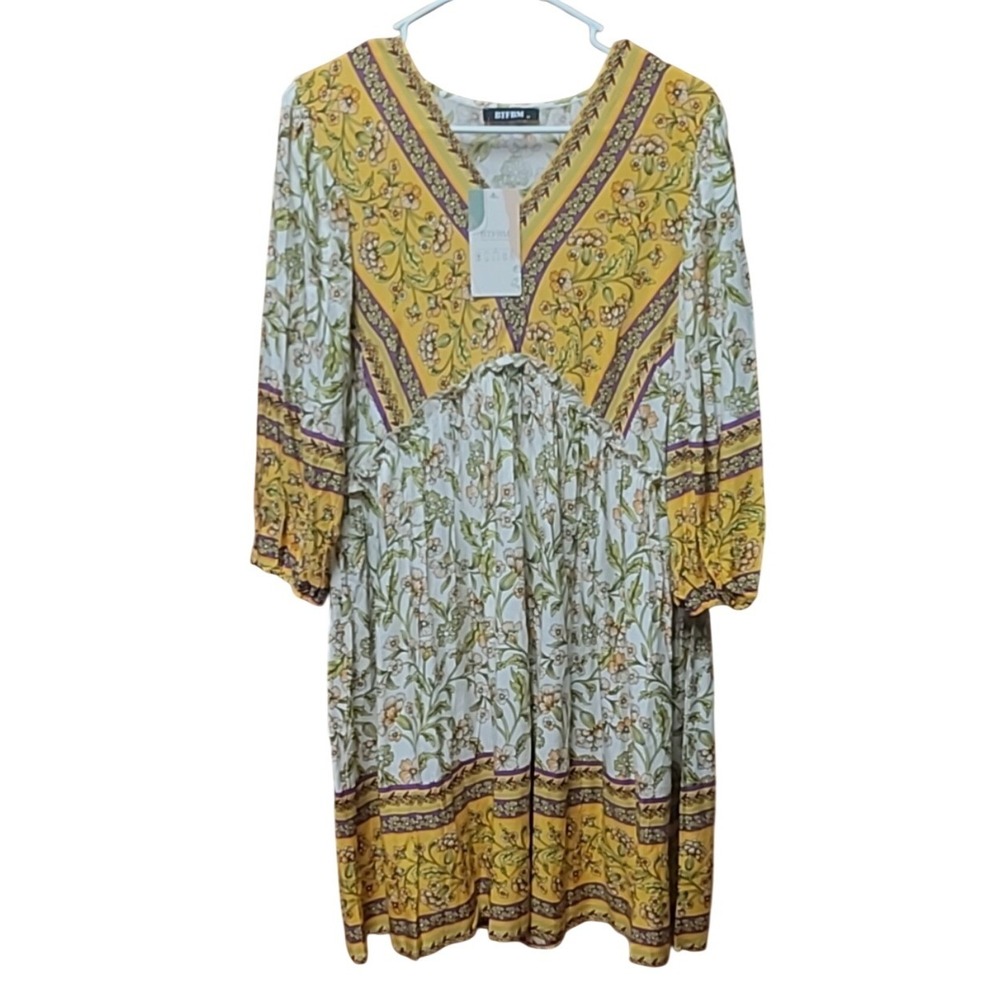 BTFBM Floral Boho Midi Dress Women M V-Neck Balloon Sleeve Peasant Festival Folk - Picture 4 of 11